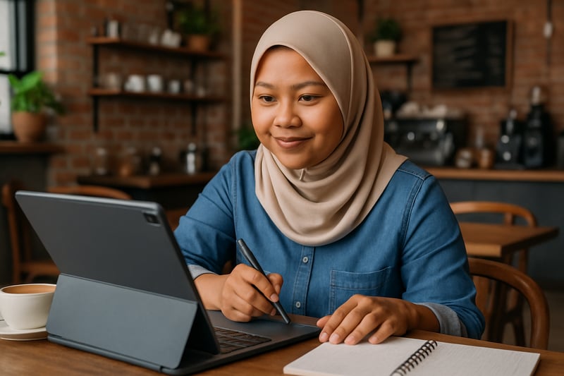 Sabahan business owner using digital tools in a café Sabahan business owner using digital tools in a café