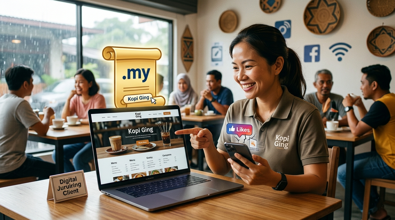 A professional Sabahan woman in a modern Kota Kinabalu cafe working on a laptop. The screen shows a local business website titled 'Kopi Ging'. In the background, local customers are enjoying coffee, while digital icons of a golden scroll representing a .my domain and social media likes float in the air, illustrating the concept of digital land ownership.